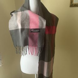 100% Cashmere Plaid Fringe Rectangle Scarf Gray Pink Black Women/Men