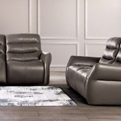 Brand New Grey Top Grain Italian Leather Power Reclining Sofa & Loveseat 