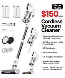 Klarpul Cordless Vacuum Cleaner, 2 Batteries 140 Mins Runtime 600W