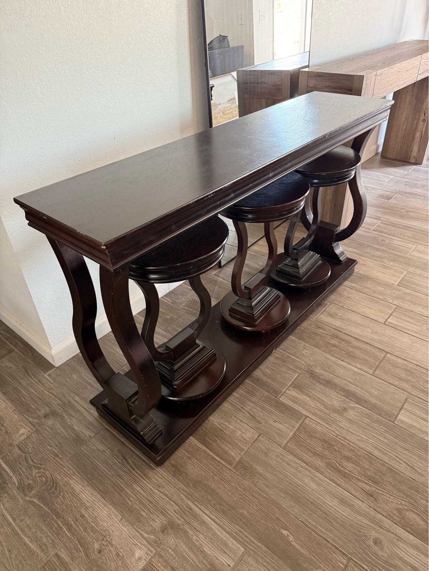Dark Brown Console Table with 3 Stools - Decor Home Furniture