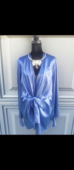 Blue Satin Blouse with Tie Waist