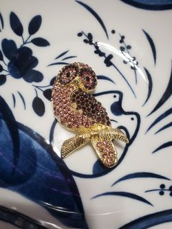 Vintage Perched Owl Collectable Purple & Pink Rhinestone Bird Branch Pin Gold Tone