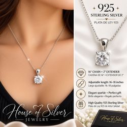 925 Sterling Silver Solitaire Pendant Necklace