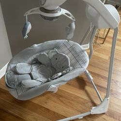 Ingenuity InLighten 5-Speed Baby Swing - Swivel Infant Seat, 5 Point Safety Harness, Nature Sounds, Lights - Van Elephant