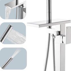 Freestanding Bathtub Faucet Waterfall Tub Filler Chrome Floor Mount Brass Single Handle Bathroom Tub Faucets with 2 Function Hand Shower Wand