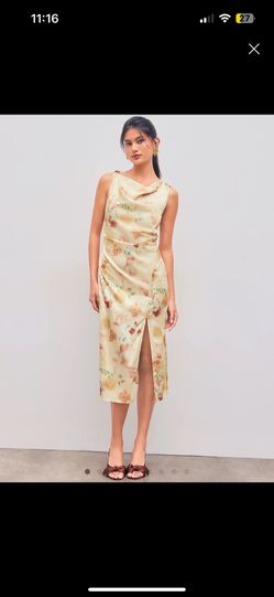 Satin Cowl Neck Floral Split Midi Dress