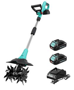 Garvee Cordless Electric Tiller for Gardening, Battery Powered Mini Cultivator with 2×2.0AH Batteries