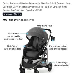 Graco Redmond Modes Pramette Stroller, 3-in-1 Convertible: Car Seat Carrier, Infant Pramette to Toddler Stroller with Reversible Seat One-hand Fold