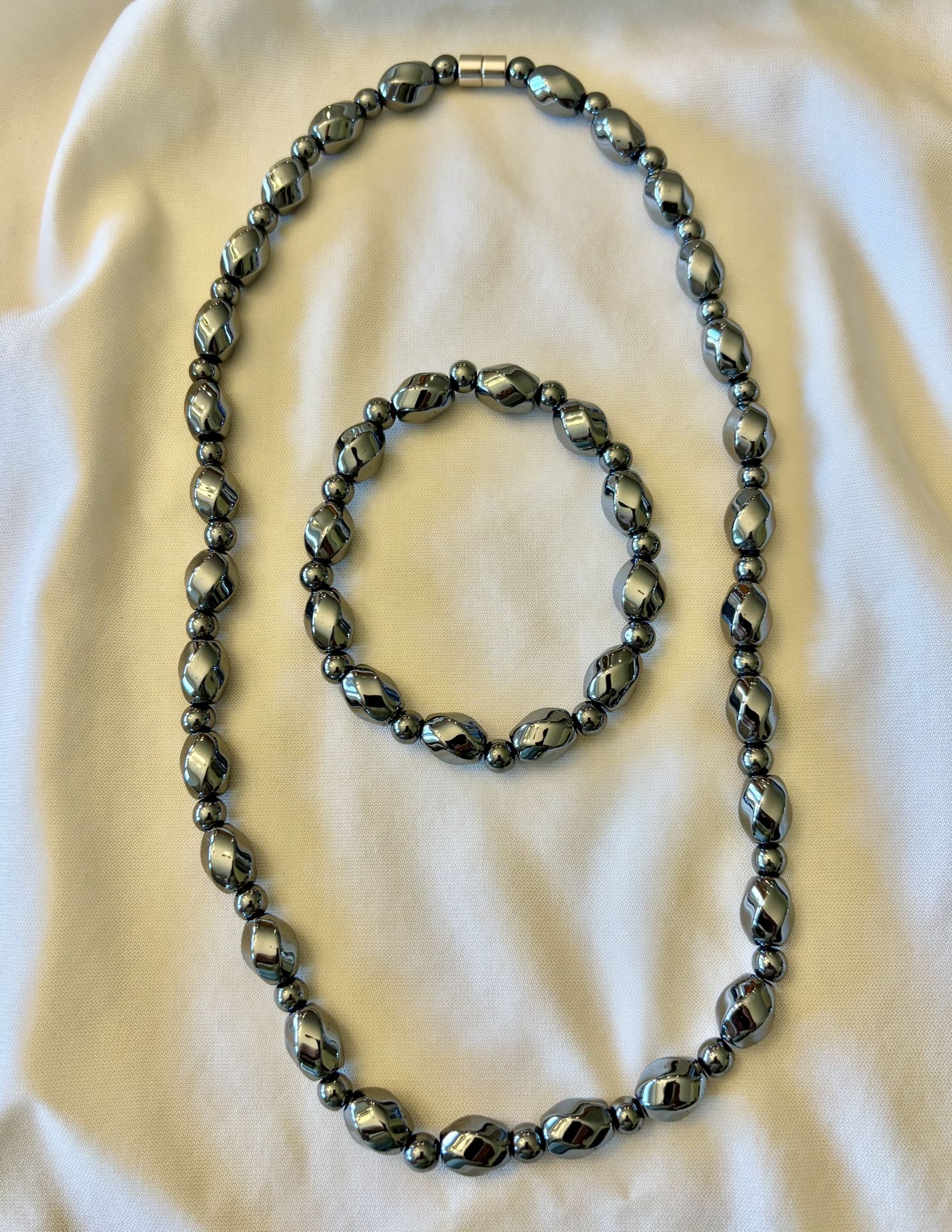 Beautiful and Unique Hematite Necklace and Stretch Bracelet Set