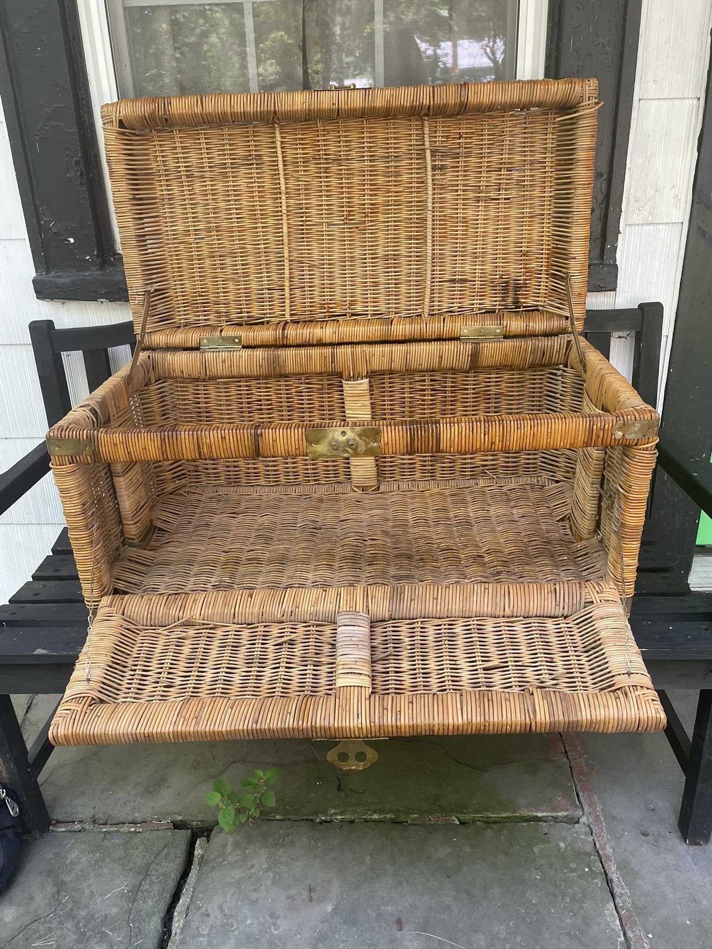 Vintage Asian Natural Woven Wicker Rattan and Brass rectangle Trunk