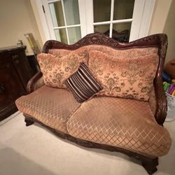 Vintage Carved Wood Loveseat – Elegant Beige Upholstered Couch