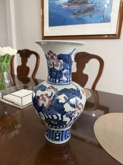 14” Chinese Blue & White Porcelain Vase – Red Lotus – Marked Base