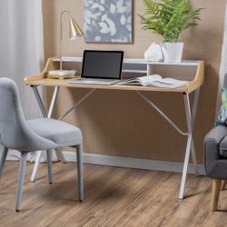 NEW Computer Desk W/ Storage Mid Century Modern, 48 in Rectangular Oak White Writing Desk W/ Open Storage !