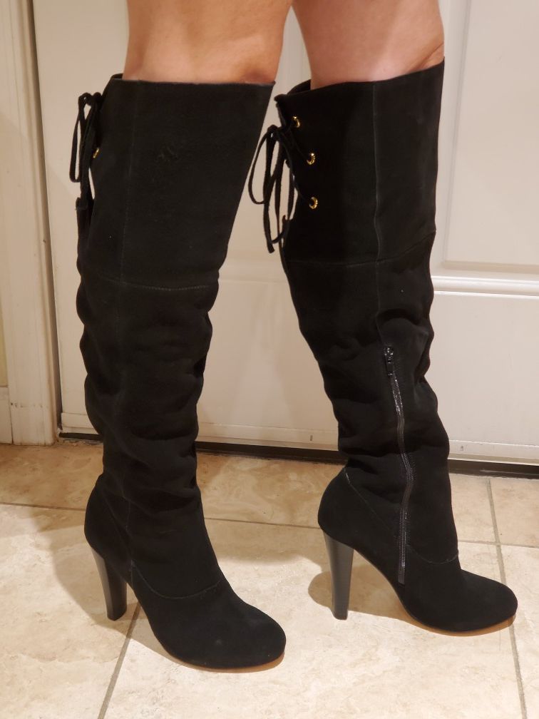 Brand New Thigh high black genuine suede lace up boot!! Super sexy