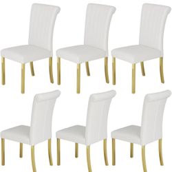 Modern Dining Chairs Set of 6, White Leather Dining Room Chairs with Gold Stainless Steel Legs