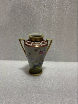 Antique Hand Painted Nippon Double Handle Vase Floral Gold Gilt Japan 8”