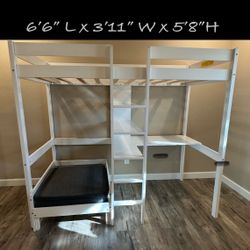 Twin Size Loft Bed with Desk, Storage Shelves and Ladder And Convertible Lower Bed