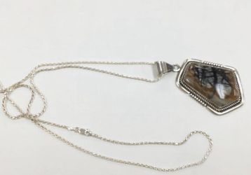 Vintage 925 Sterling Silver "KB Sterling" Necklace With Moss Agate Pendant