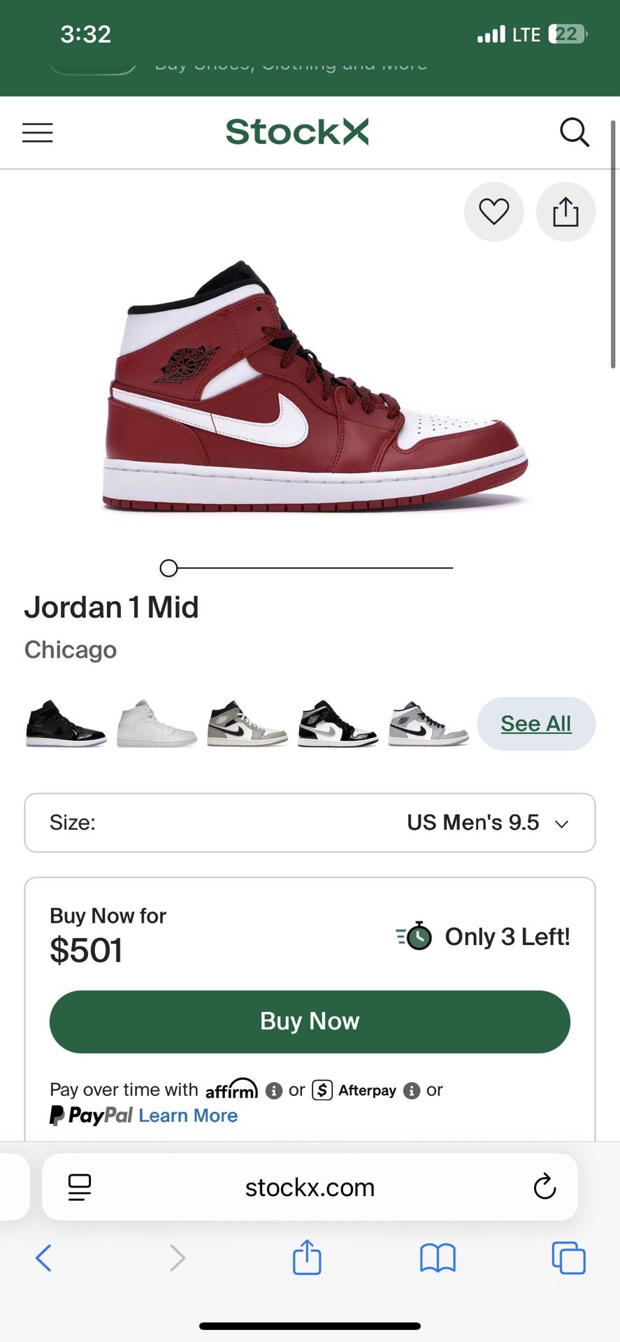 Jordan 1 Mid Chicago Size 9.5men