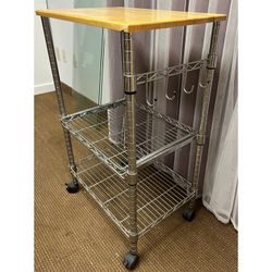 3 Tier Kitchen Carts on Wheels Utility Cart. Microwave Cart, Adjustable Shelves Chrome/Wood