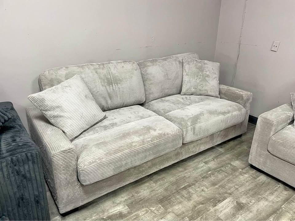 WARM GRAY COZY VELVET & CORDUROY SOFA & LOVESEAT $775! YOU DON’T PAY UNTIL WE