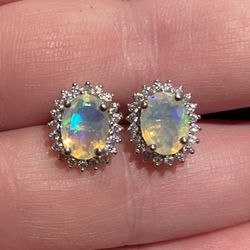 Natural Opal Halo Earrings 925