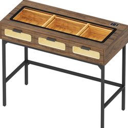 Brand New In The Box- Rattan Makeup Vanity with LED Lights, Vanity Desk with Glass Top Design & Charging Station, Wooden Makeup Table with Drawers, Dr