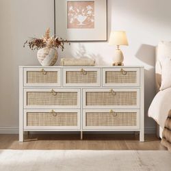 51" W Rattan 7-Drawer Dresser With Golden Handles, Coastal Boho Bedroom Storage Chest