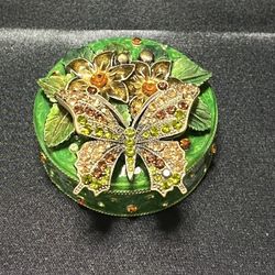 Vintage Round Butterfly Swarovski Crystal Brass Enamel Trinket Box