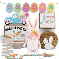 Brand New! Easter Gnome and Wooden Sign Decorations Set, Spring Bunny Plush Doll and Table Small Sign, Rustic Farmhouse Home Kit