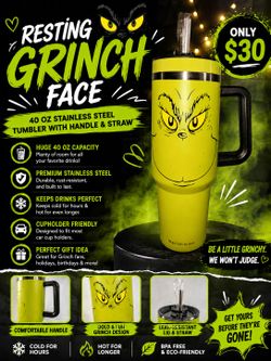 💚 Grinch 40 oz Stainless Steel Tumbler with Handle & Straw – NEW –