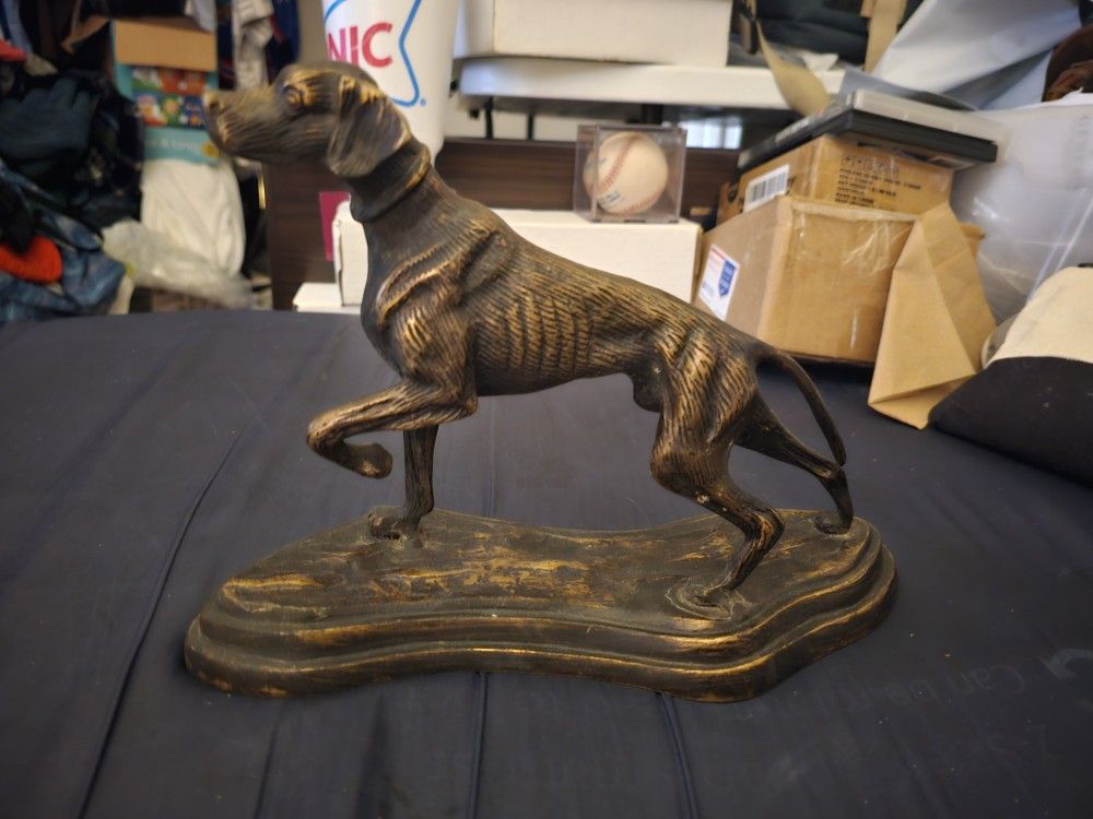 DOG Greyhound Pointer Sculpture on Metal Base, Brass bronze vintage hunting dog