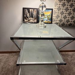 Free- A Pair Of 3- Tier Chrome and Glass Side End Tables 