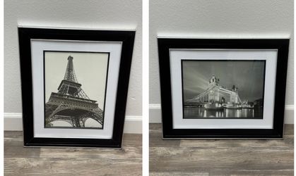 Paris Eiffel Tower and London Bridge Photo Artwork Pictures Black & White.