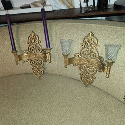MCM Pair of Plastic Gold Ornate Double Arm Candle Wall Sconces