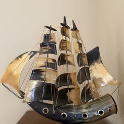 Vintage Handcrafted Buffalo Horn Sailing Ship – Nautical Decor Sculpture