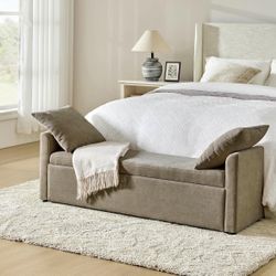 NEW Modern Neutral Taupe Upholstered Bench with Storage and 2 Pillows Tons of Space!