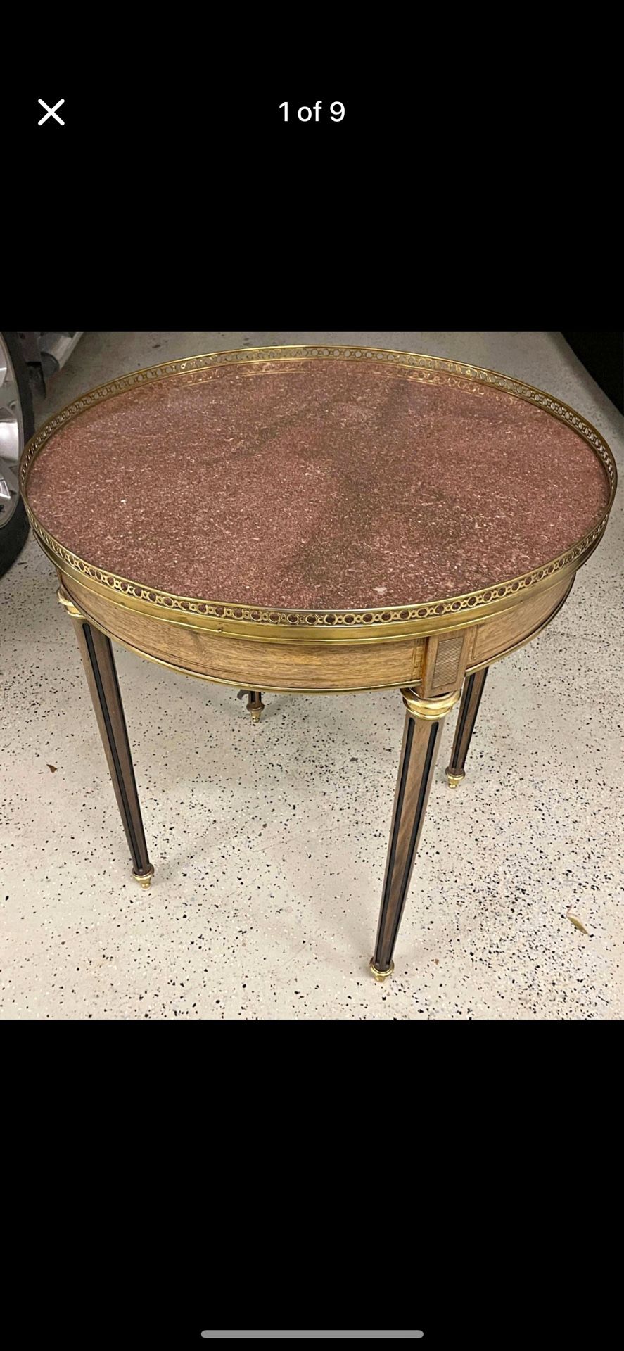 Antique brass, marble, mahogany round display/side table