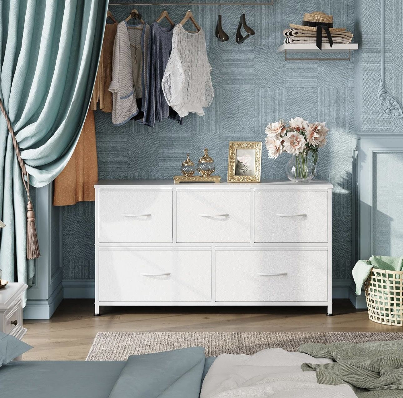 Dresser for Bedroom with 5 Drawers, Wide Chest of Drawers, Fabric Dresser, Storage Organization Unit with Fabric Bins for Closet, Living Room, Hallway