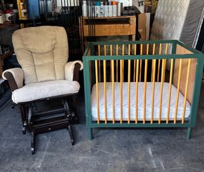 2-tone wood Mini crib $75, premium memory foam mattress $35 , Dutailier rocking / nursery chair glider $35