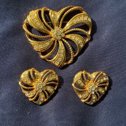 Large Vintage Gold And Cubic Zirconia Heart Brooch Set With Matching Earrings 