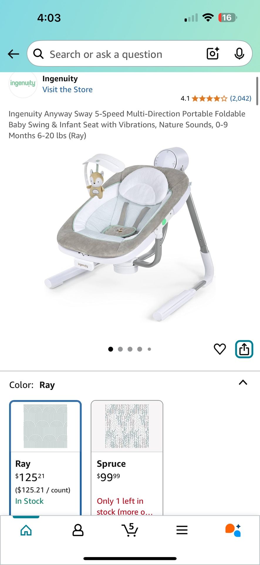 Ingenuity Anyway Sway 5-Speed Multi-Direction Portable Foldable Baby Swing & Infant Seat with Vibrations, Nature Sounds, 0-9 Months 6-20 lbs (Ray)