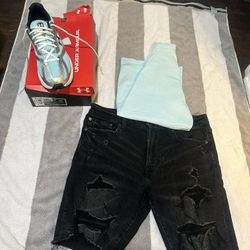 Ua Sneakers Size 9.5, Black Distressed Shorts Size 33 