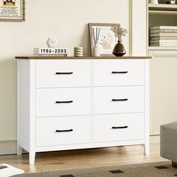 6 Drawer Double Dresser for Bedroom, Modern Wood Storage Cabinet for Living Room Hallway, White