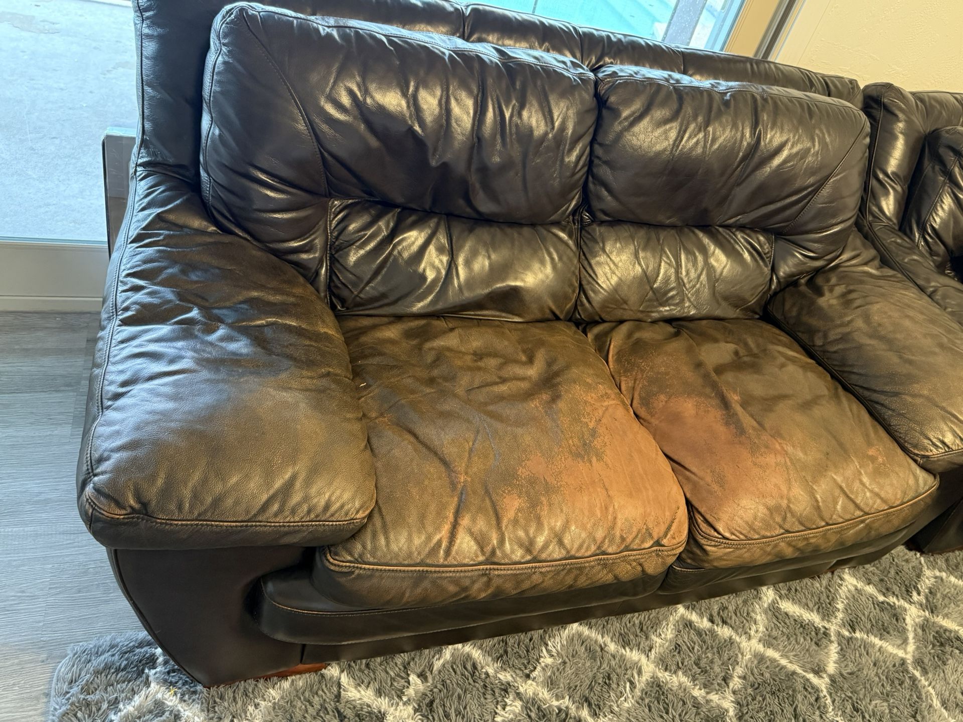 Brown Leather Couch, Love Seat, Chair, And Ottoman