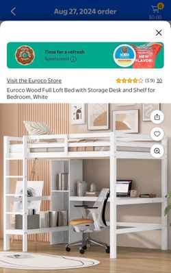 Euroco Wood Full Loft Bed with Storage Desk and Shelf for Bedroom, White