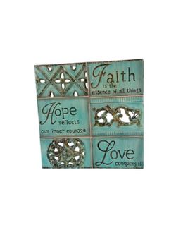 Hope Faith Love Home Decorative Ceramic Wall Hanging Set Teal Brown Floral 9.5"