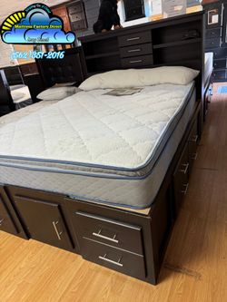 Storage bed frame brown with Pillowtop mattress hybrid set