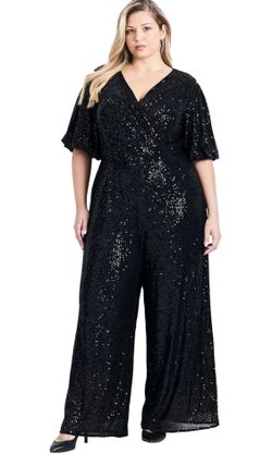 Venus Women's Plus Size Nada Sequin Sleeve Jumpsuit 1x