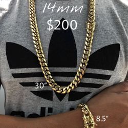 14MM Cuban Link Set 14k Gold Plated Doesn't Loses Color 